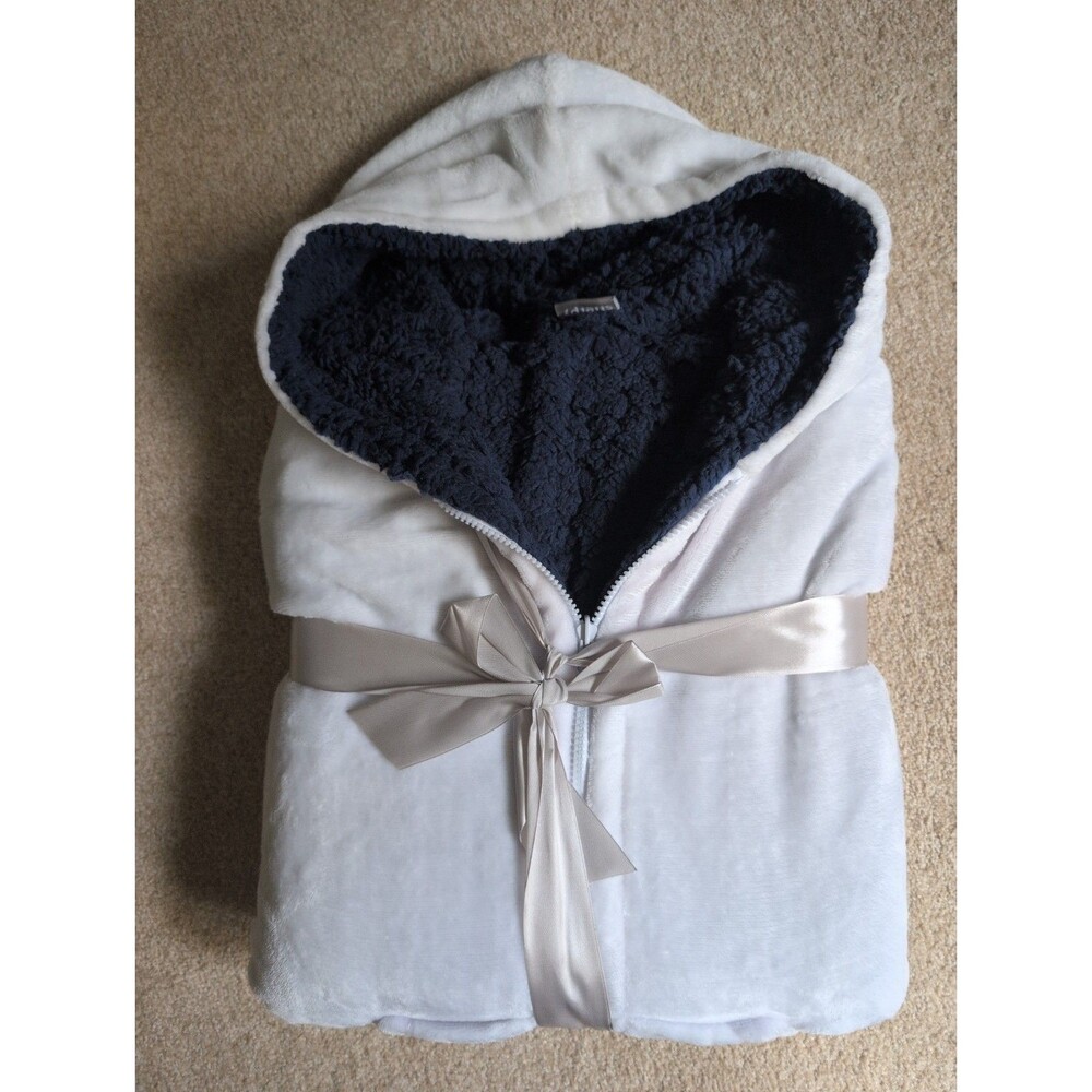 NEW Sherpy Unisex One Size Hooded Robe Wearable Blanket White Navy Reversible